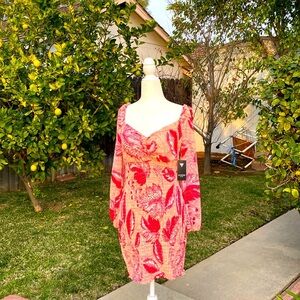 GUESS  CYPRESS RED PUFFED SLEEVES MAUVE PRINT SMOCKED MINI DRESS Sz ME…